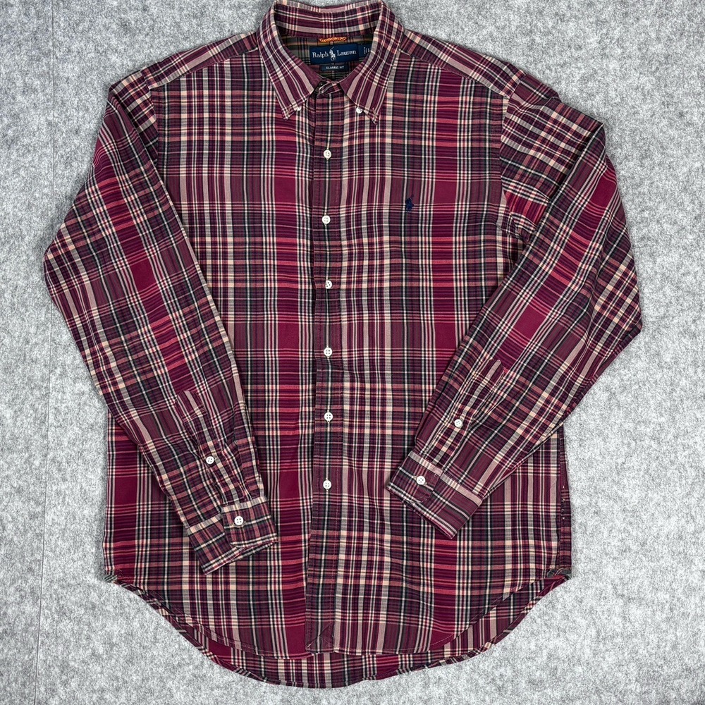 Ralph Lauren Polo Oxford Button Up Red Plaid Long Sleeve L Shirt Classic Fit